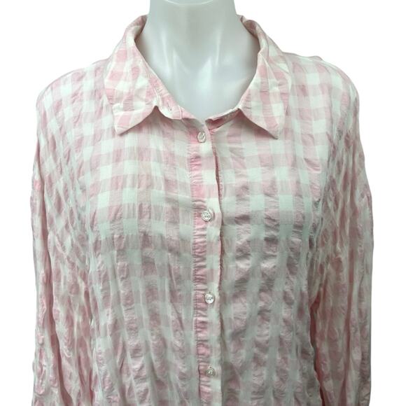 Zara Pink White Checkered Plaid Button Down Long Sleeve Shirt Blouse Top Size M - Picture 3 of 5
